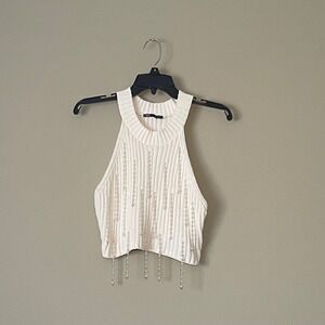 ZARA White Ribbed Halter Neck Beaded Crop Top